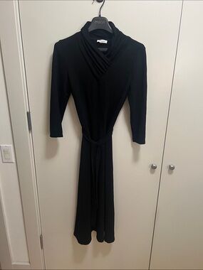 Calvin Klein Black 3/4 Sleeve Jersey Dress with  Ruched Collar and Tie Waist